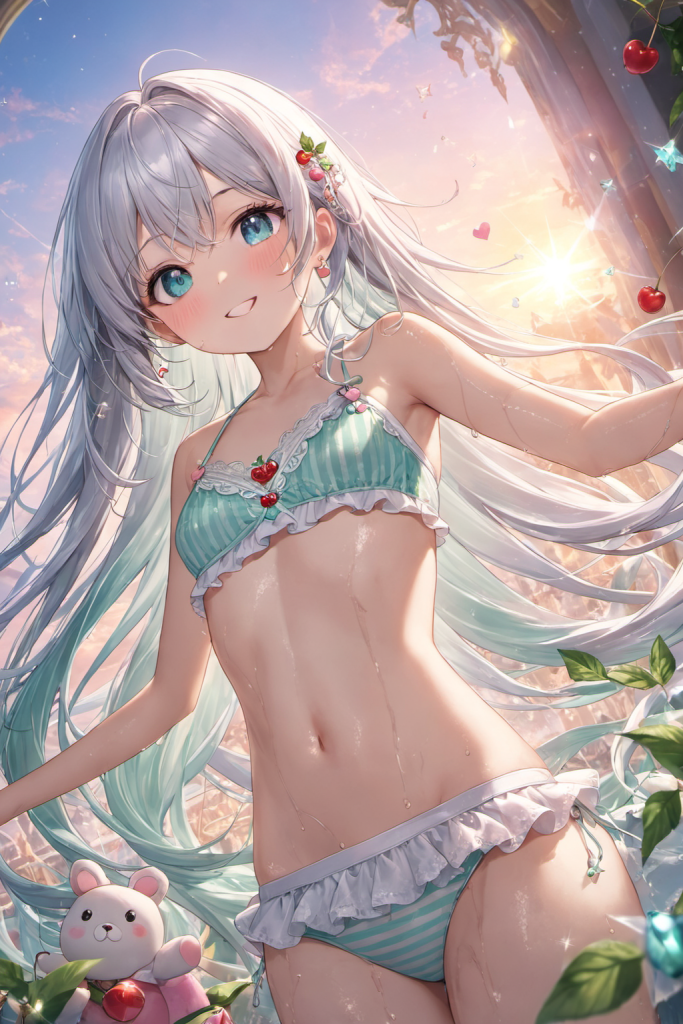 緑豊かな庭園で、サクランボのチャームがついたパステルグリーンの縦縞フリルビキニを着用し、眩い夕日を背にと微笑む銀髪の「さみさん」。