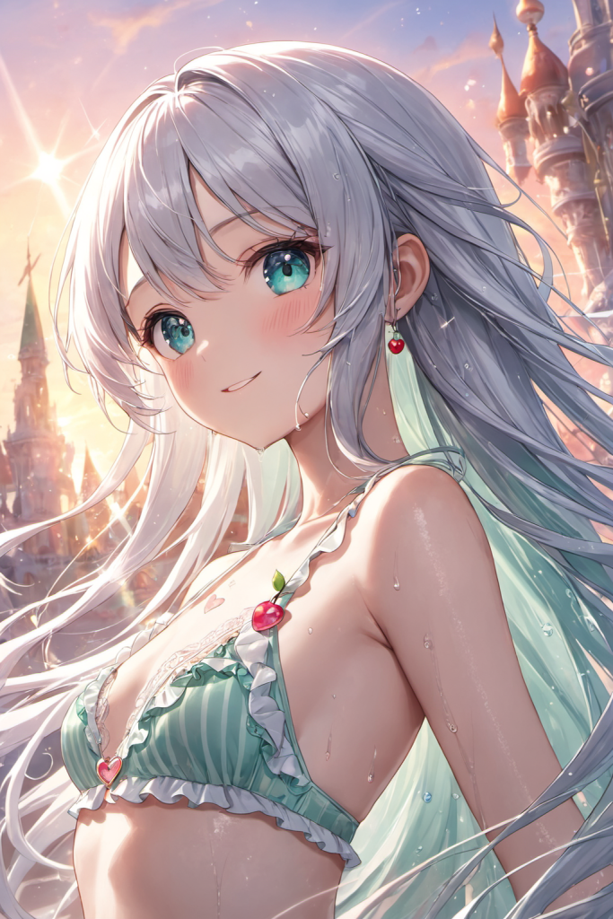 緑豊かな庭園で、サクランボのチャームがついたパステルグリーンの縦縞フリルビキニを着用し、眩い夕日を背にと微笑む銀髪の「さみさん」。