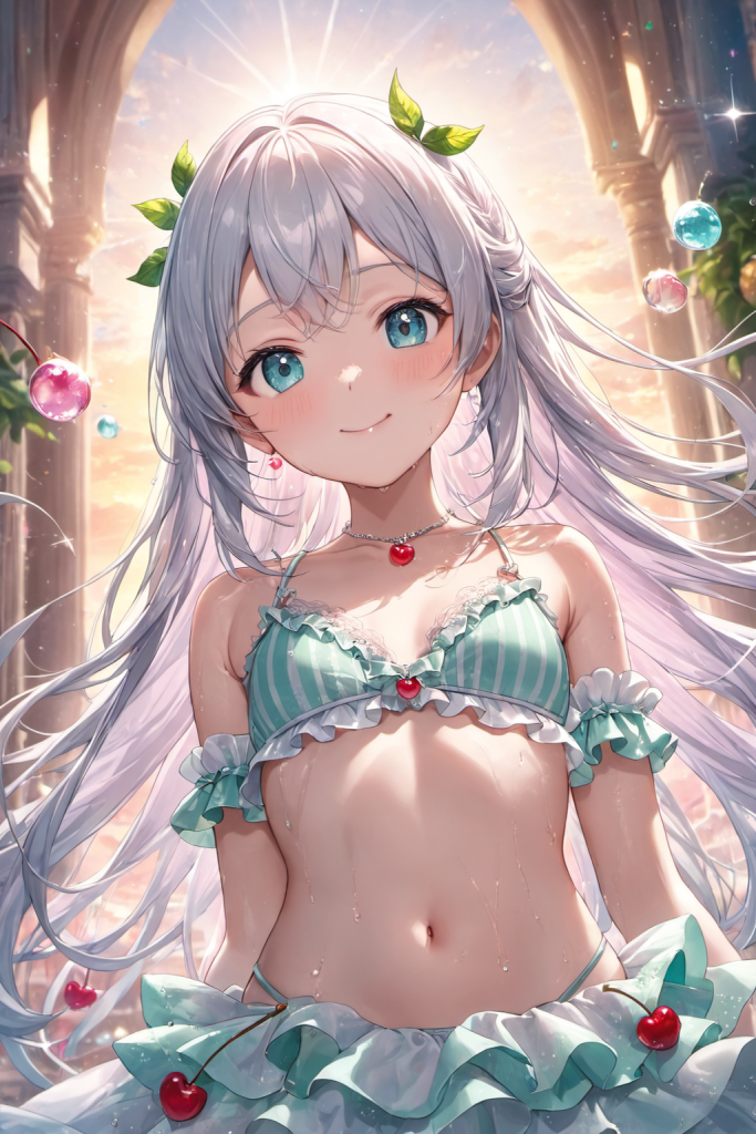 緑豊かな庭園で、サクランボのチャームがついたパステルグリーンの縦縞フリルビキニを着用し、眩い夕日を背にと微笑む銀髪の「さみさん」。