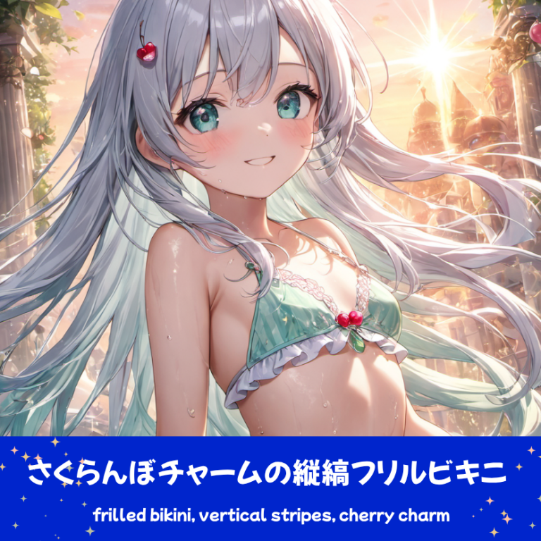 緑豊かな庭園で、サクランボのチャームがついたパステルグリーンの縦縞フリルビキニを着用し、眩い夕日を背にと微笑む銀髪の「さみさん」。下部の水着プロンプトラベルがデザインアーカイブであることを示している。