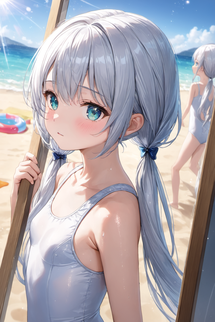 真夏のビーチで、純白のスクール水着を身に纏い、穏やかに微笑む銀髪の「さみさん」。光のハイライトが美しい清楚なAIイラスト。