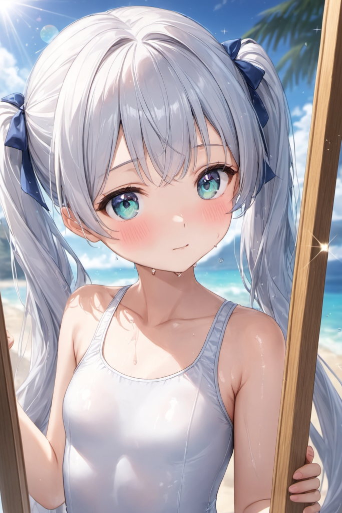真夏のビーチで、純白のスクール水着を身に纏い、穏やかに微笑む銀髪の「さみさん」。光のハイライトが美しい清楚なAIイラスト。