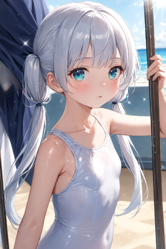 真夏のビーチで、純白のスクール水着を身に纏い、穏やかに微笑む銀髪の「さみさん」。光のハイライトが美しい清楚なAIイラスト。