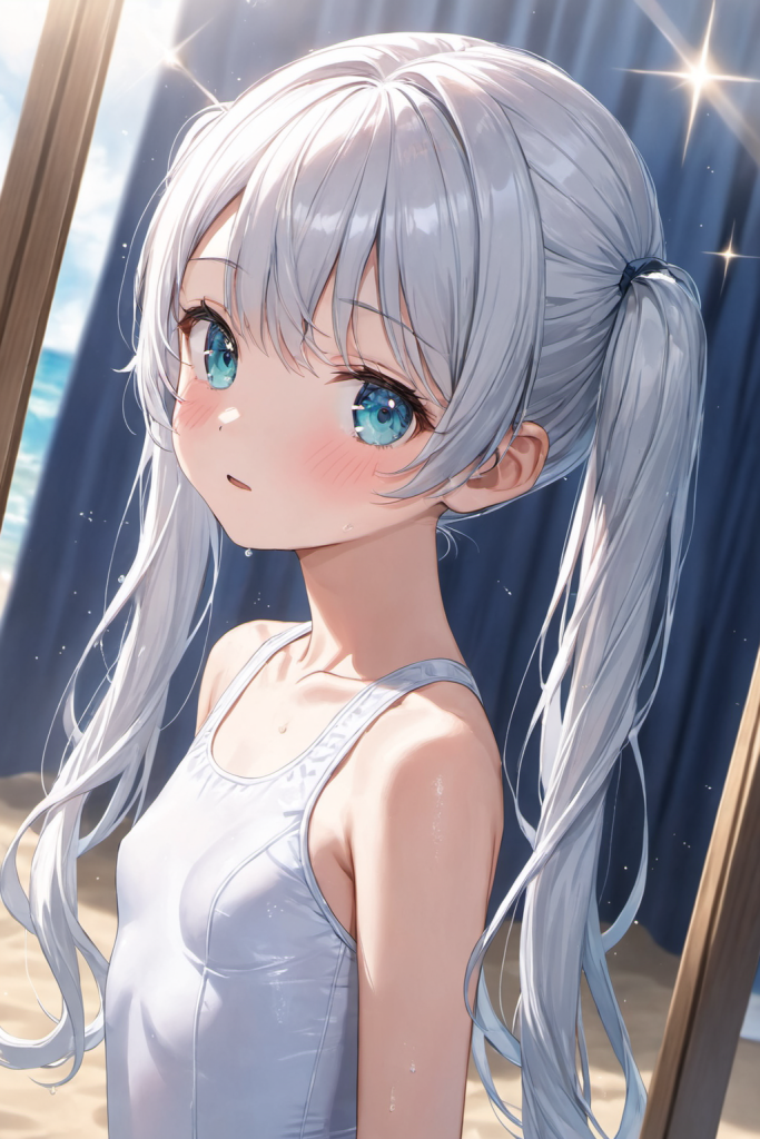 真夏のビーチで、純白のスクール水着を身に纏い、穏やかに微笑む銀髪の「さみさん」。光のハイライトが美しい清楚なAIイラスト。