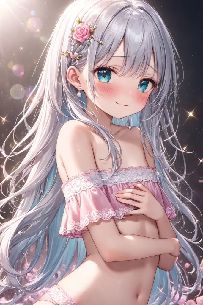 幻想的な光の背景で、ピンクのフリル付きオフショルダービキニを着用し、優しく微笑む銀髪の「さみさん」。髪にはバラの飾り。AIイラスト。