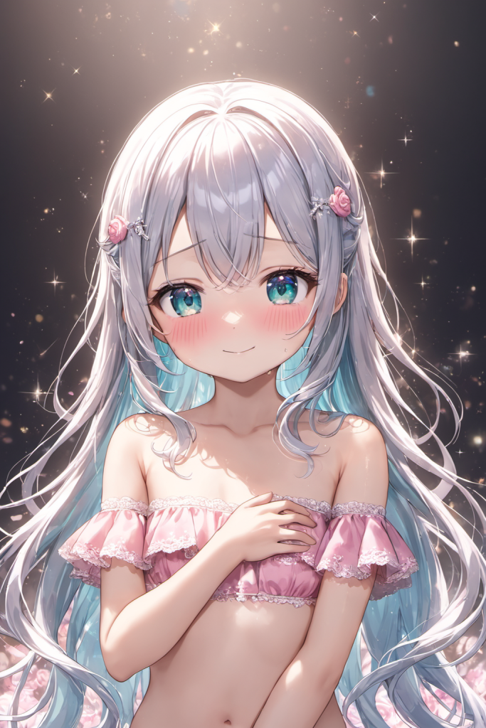 幻想的な光の背景で、ピンクのフリル付きオフショルダービキニを着用し、優しく微笑む銀髪の「さみさん」。髪にはバラの飾り。AIイラスト。