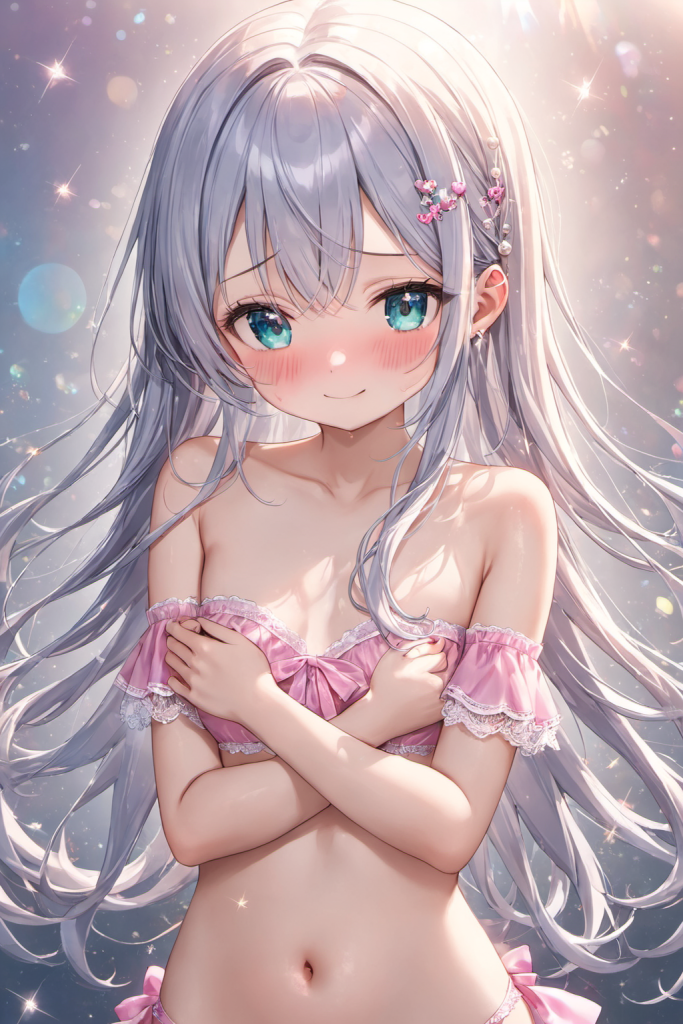 幻想的な光の背景で、ピンクのフリル付きオフショルダービキニを着用し、優しく微笑む銀髪の「さみさん」。髪にはバラの飾り。AIイラスト。