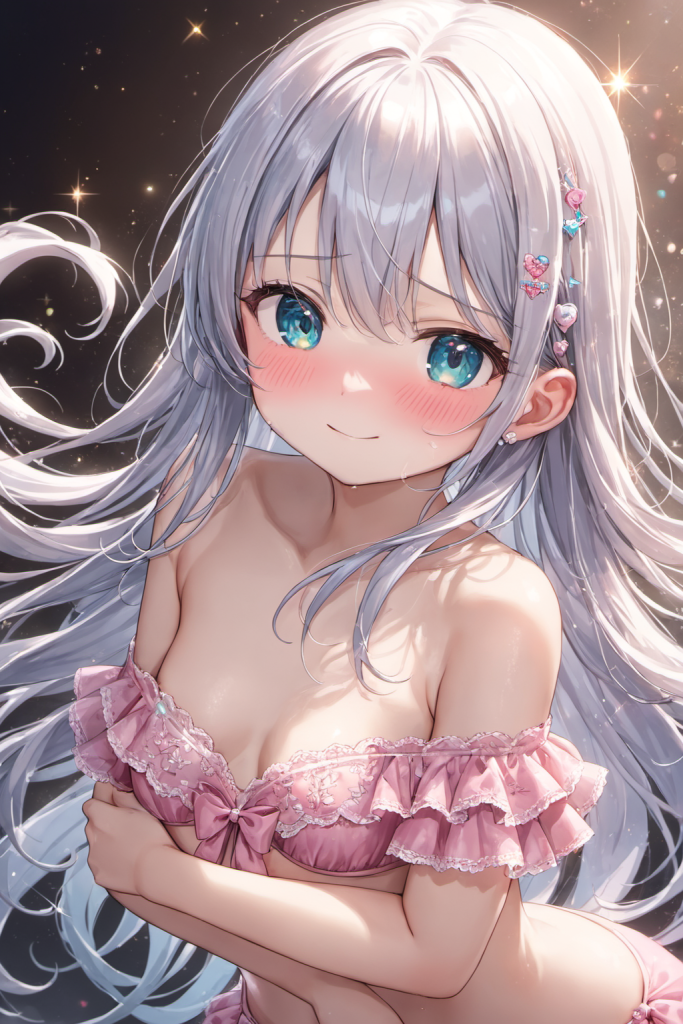 幻想的な光の背景で、ピンクのフリル付きオフショルダービキニを着用し、優しく微笑む銀髪の「さみさん」。髪にはバラの飾り。AIイラスト。