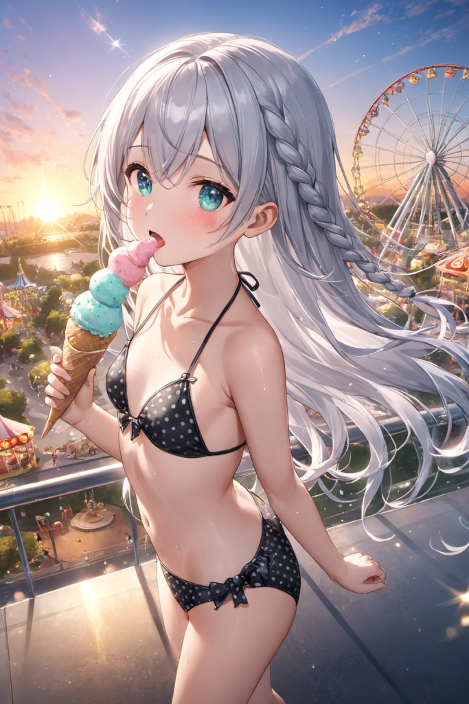 夕焼けの遊園地で、アイスクリームを食べながら微笑む、三つ編み銀髪の「さみさん」。黒のドット柄ビキニを着用したアイスを食べながら遊園地を楽しむ可愛いAIイラスト。