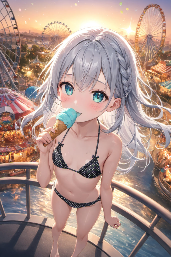 夕焼けの遊園地で、アイスクリームを食べながら微笑む、三つ編み銀髪の「さみさん」。黒のドット柄ビキニを着用したアイスを食べながら遊園地を楽しむ可愛いAIイラスト。