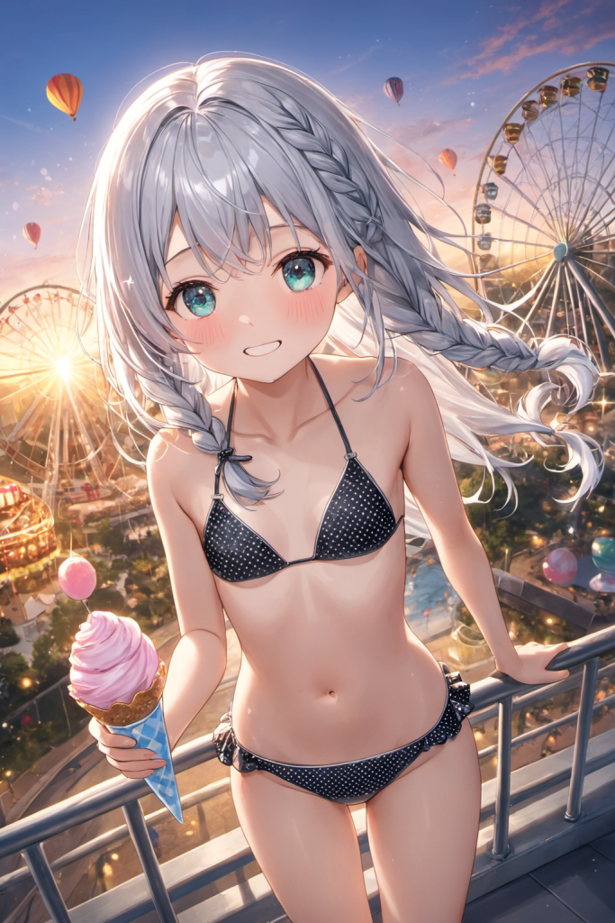 夕焼けの遊園地で、アイスクリームを食べながら微笑む、三つ編み銀髪の「さみさん」。黒のドット柄ビキニを着用したアイスを食べながら遊園地を楽しむ可愛いAIイラスト。