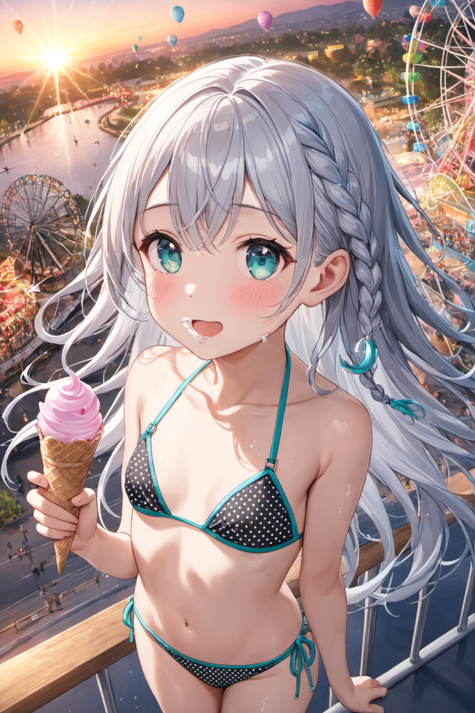 夕焼けの遊園地で、アイスクリームを食べながら微笑む、三つ編み銀髪の「さみさん」。黒のドット柄ビキニを着用したアイスを食べながら遊園地を楽しむ可愛いAIイラスト。