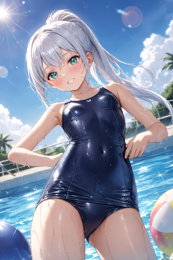 快晴のプールサイドで、微笑む銀髪ポニーテールの「さみさん」。光沢のある旧型スクール水着(スク水)を着用した、清楚で懐かしいAIイラスト。