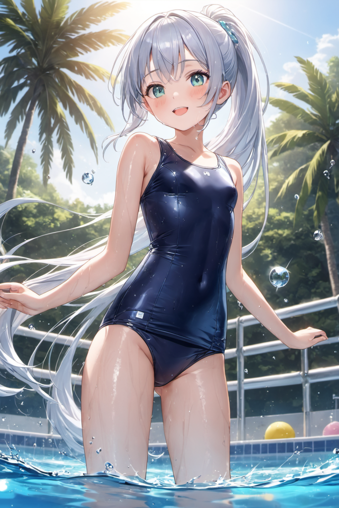 快晴のプールサイドで、微笑む銀髪ポニーテールの「さみさん」。光沢のある旧型スクール水着(スク水)を着用した、清楚で懐かしいAIイラスト。
