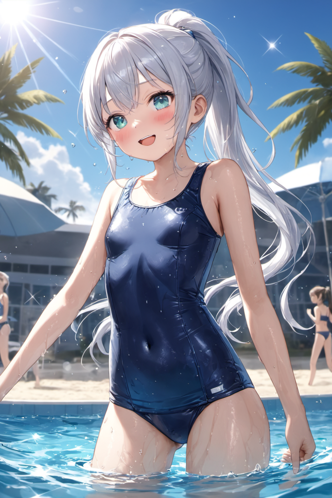 快晴のプールサイドで、微笑む銀髪ポニーテールの「さみさん」。光沢のある旧型スクール水着(スク水)を着用した、清楚で懐かしいAIイラスト。