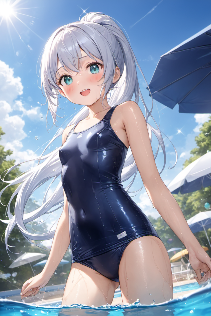 快晴のプールサイドで、微笑む銀髪ポニーテールの「さみさん」。光沢のある旧型スクール水着(スク水)を着用した、清楚で懐かしいAIイラスト。