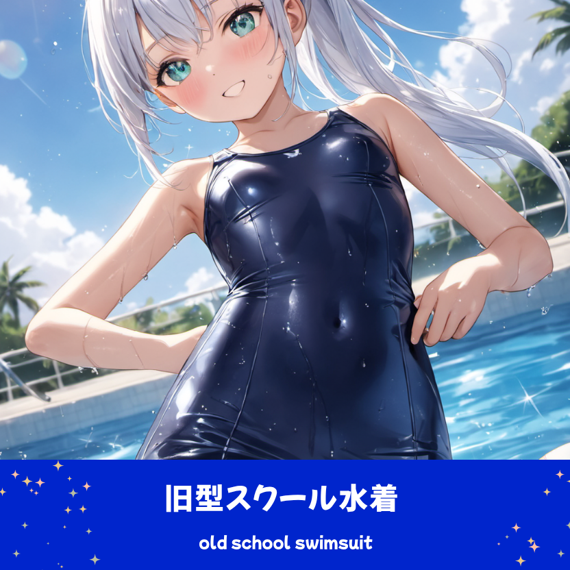 快晴のプールサイドで、微笑む銀髪ポニーテールの「さみさん」。光沢のある旧型スクール水着(スク水)を着用した、清楚で懐かしいAIイラスト。下部の水着プロンプトラベルがデザインアーカイブであることを示している。