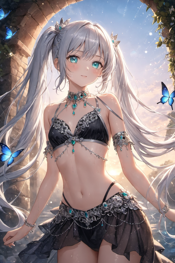 幻想的な夜のオアシスで、黒地にエメラルドグリーンの宝石が散りばめられた踊り子風のビキニ（踊り子水着）を装いを着用した銀髪の「さみさん」。