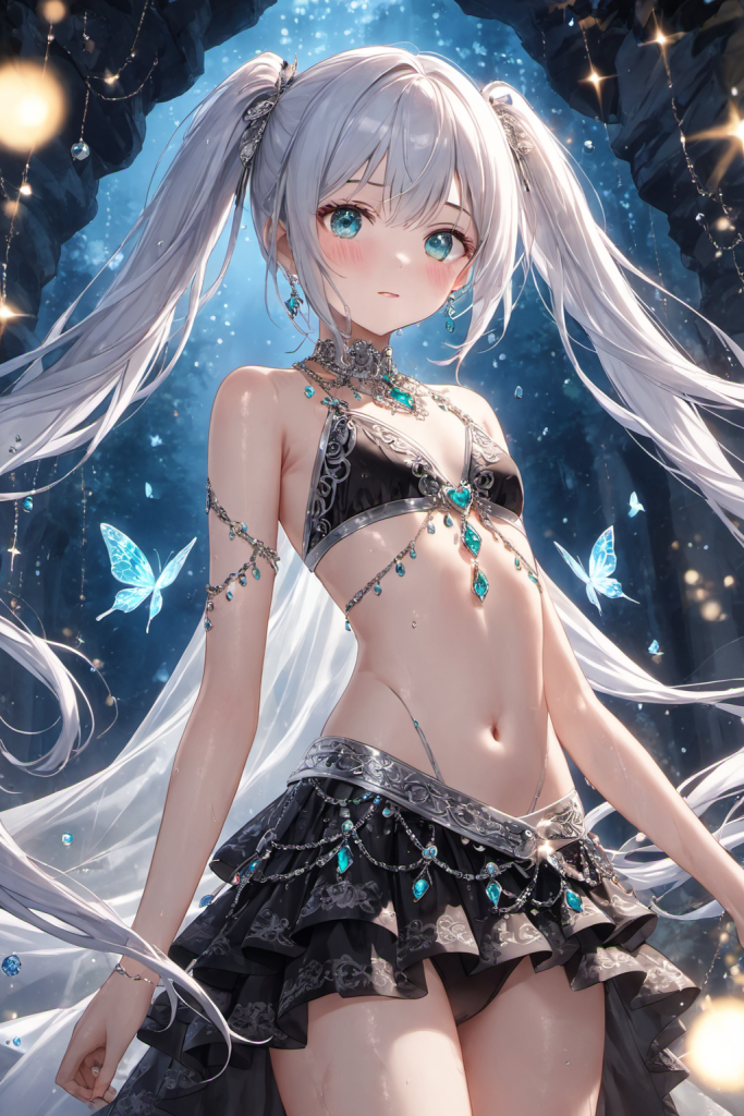 幻想的な夜のオアシスで、黒地にエメラルドグリーンの宝石が散りばめられた踊り子風のビキニ（踊り子水着）を装いを着用した銀髪の「さみさん」。