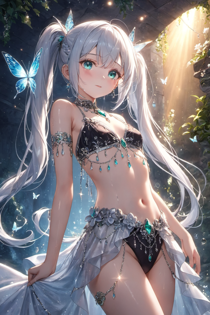 幻想的な夜のオアシスで、黒地にエメラルドグリーンの宝石が散りばめられた踊り子風のビキニ（踊り子水着）を装いを着用した銀髪の「さみさん」。