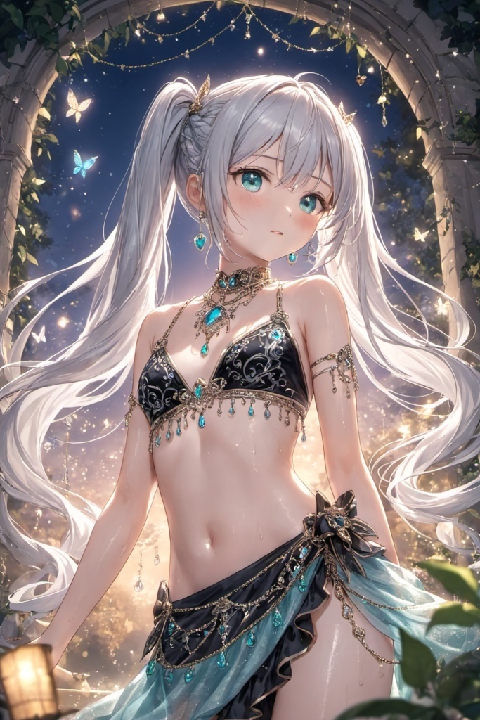 幻想的な夜のオアシスで、黒地にエメラルドグリーンの宝石が散りばめられた踊り子風のビキニ（踊り子水着）を装いを着用した銀髪の「さみさん」。