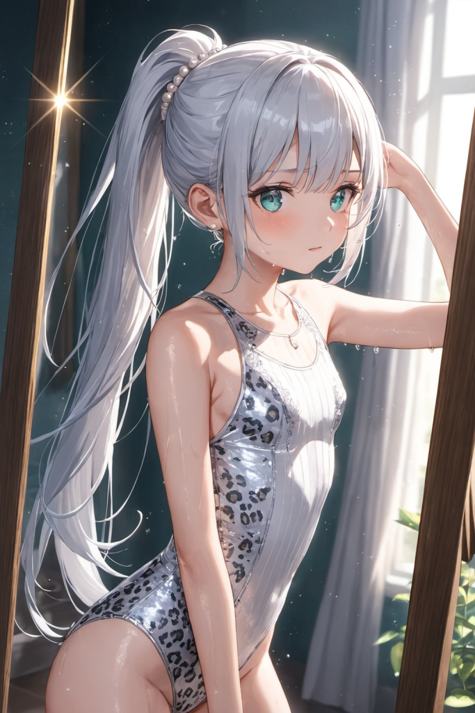 アンティーク調の鏡の前で、リブ編み風のホワイト・レオパード柄ワンピース水着を着用し、凛とした表情で見つめる銀髪の「さみさん」。AIイラスト。