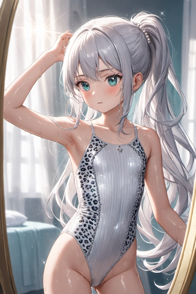 アンティーク調の鏡の前で、リブ編み風のホワイト・レオパード柄ワンピース水着を着用し、凛とした表情で見つめる銀髪の「さみさん」。AIイラスト。