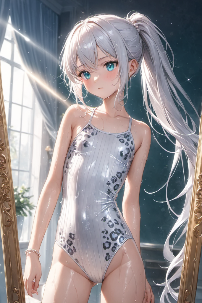 アンティーク調の鏡の前で、リブ編み風のホワイト・レオパード柄ワンピース水着を着用し、凛とした表情で見つめる銀髪の「さみさん」。AIイラスト。