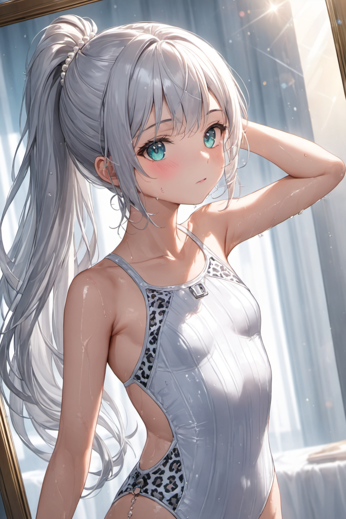 アンティーク調の鏡の前で、リブ編み風のホワイト・レオパード柄ワンピース水着を着用し、凛とした表情で見つめる銀髪の「さみさん」。AIイラスト。
