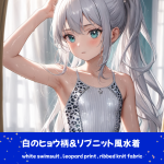 アンティーク調の鏡の前で、リブ編み風のホワイト・レオパード柄ワンピース水着を着用し、凛とした表情で見つめる銀髪の「さみさん」。AIイラスト。下部の水着プロンプトラベルがデザインアーカイブであることを示している。