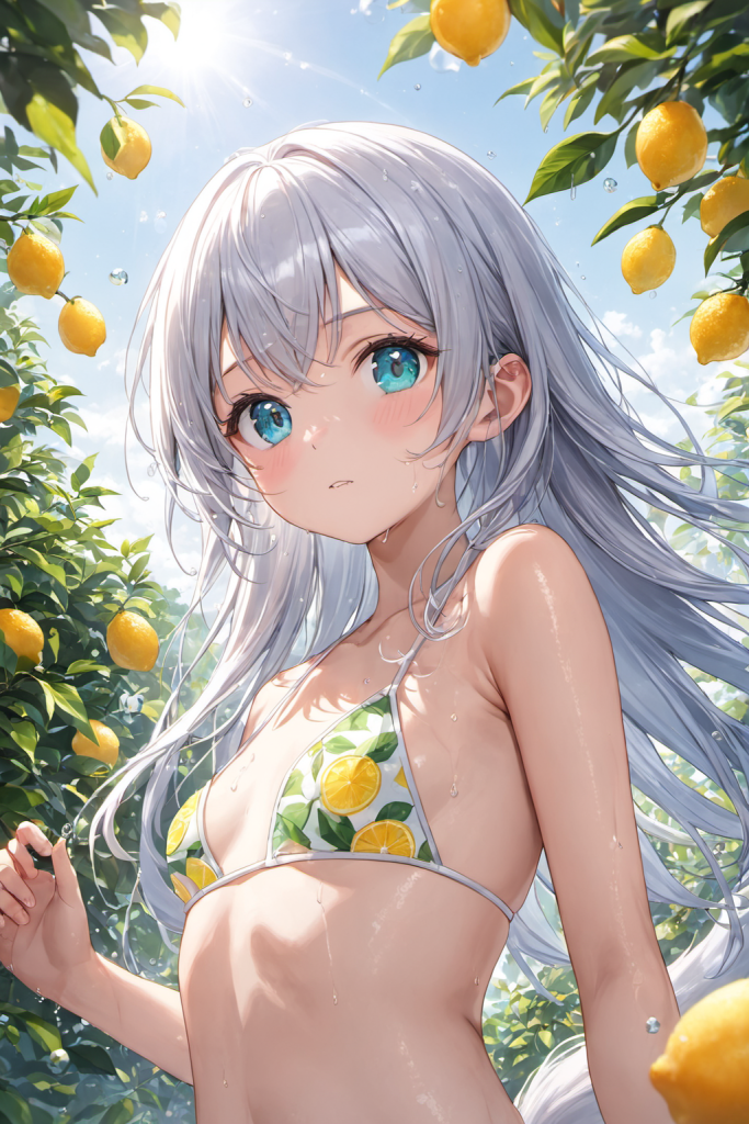 レモンの木陰で、瑞々しいレモン柄のビキニを着用し、少しはにかんだ表情で見つめる銀髪の「さみさん」。AIイラスト。