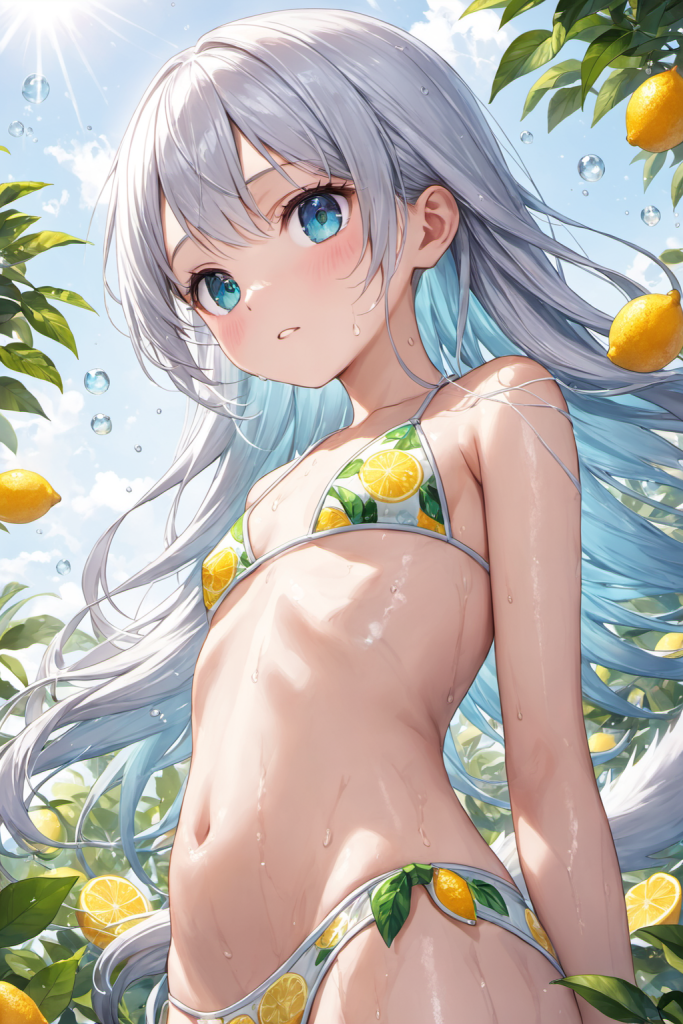 レモンの木陰で、瑞々しいレモン柄のビキニを着用し、少しはにかんだ表情で見つめる銀髪の「さみさん」。AIイラスト。