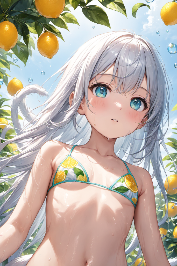 レモンの木陰で、瑞々しいレモン柄のビキニを着用し、少しはにかんだ表情で見つめる銀髪の「さみさん」。AIイラスト。