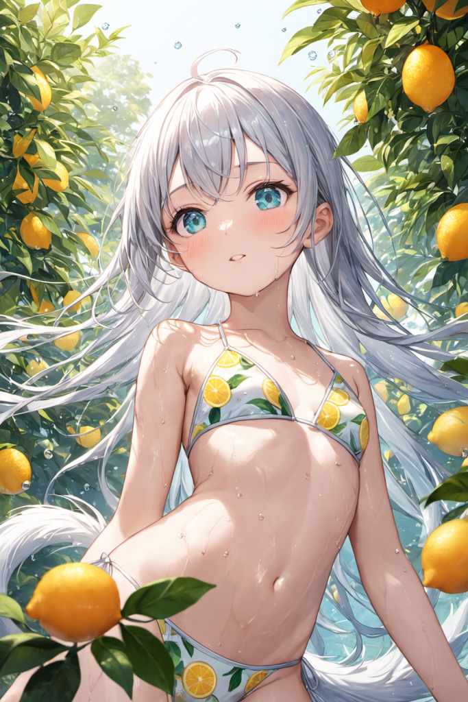 レモンの木陰で、瑞々しいレモン柄のビキニを着用し、少しはにかんだ表情で見つめる銀髪の「さみさん」。AIイラスト。