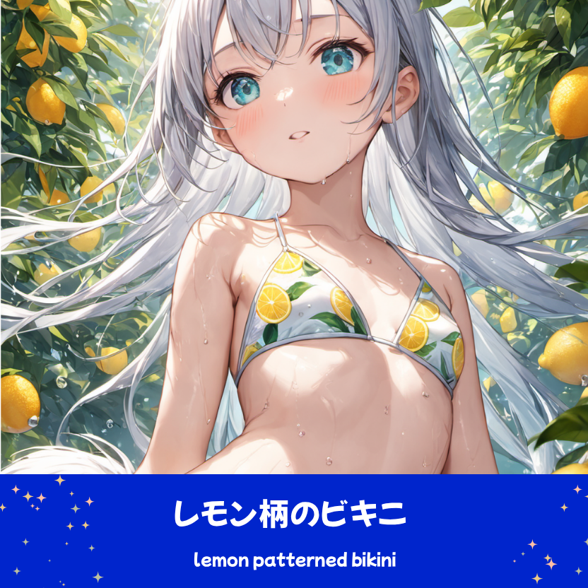 レモンの木陰で、瑞々しいレモン柄のビキニを着用し、少しはにかんだ表情で見つめる銀髪の「さみさん」。AIイラスト。下部の水着プロンプトラベルがデザインアーカイブであることを示している。