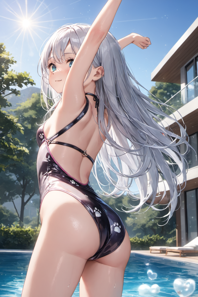 幻想的な光の背景で、肉球柄とピンク×黒の特徴的なモノキニ水着を着用し、凛とした表情で見つめる銀髪の「さみさん」AIイラスト。