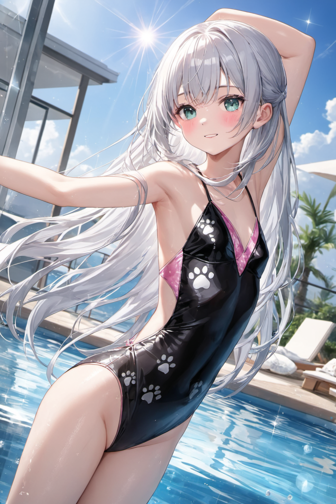 幻想的な光の背景で、肉球柄とピンク×黒の特徴的なモノキニ水着を着用し、凛とした表情で見つめる銀髪の「さみさん」AIイラスト。