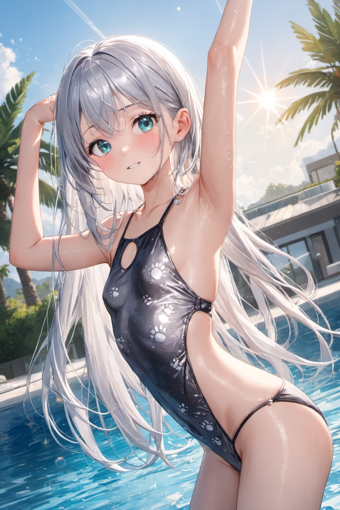 幻想的な光の背景で、肉球柄とピンク×黒の特徴的なモノキニ水着を着用し、凛とした表情で見つめる銀髪の「さみさん」AIイラスト。