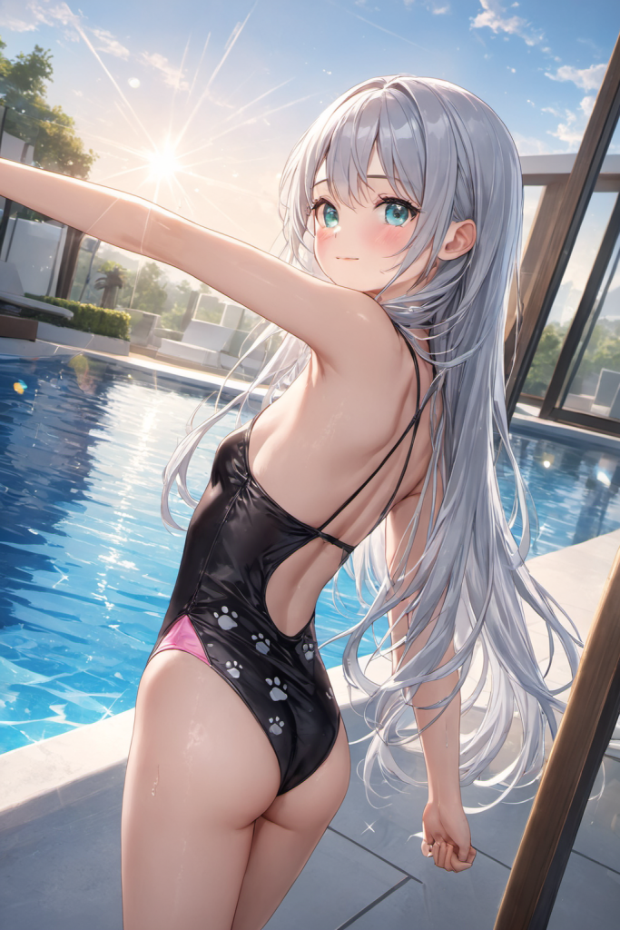 幻想的な光の背景で、肉球柄とピンク×黒の特徴的なモノキニ水着を着用し、凛とした表情で見つめる銀髪の「さみさん」AIイラスト。