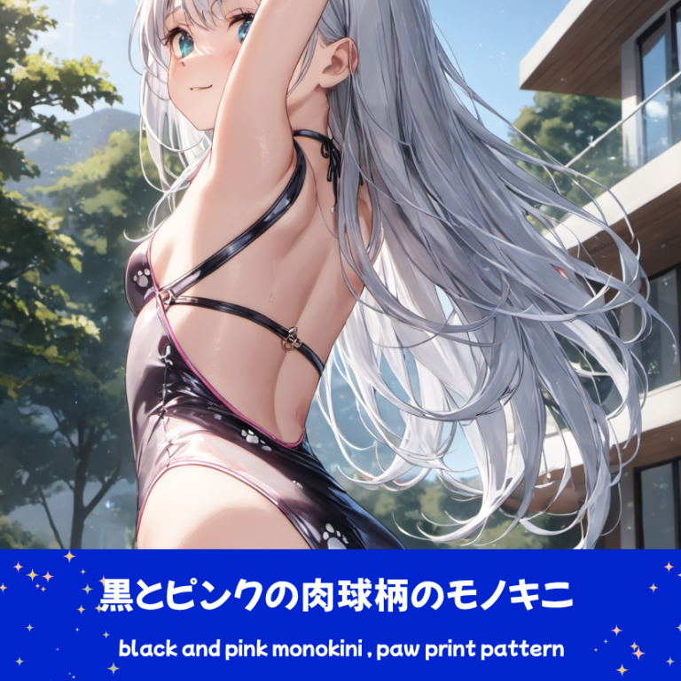 幻想的な光の背景で、肉球柄とピンク×黒の特徴的なモノキニ水着を着用し、凛とした表情で見つめる銀髪の「さみさん」AIイラスト。下部の水着プロンプトラベルがデザインアーカイブであることを示している。