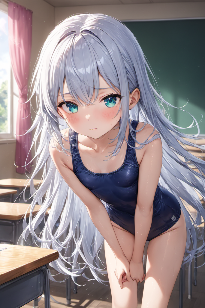 プール前の教室で、ネイビーのスクール水着に着替え終わり、恥じらうように見上げる銀髪の「さみさん」。窓からの光が差し込むノスタルジックなAIイラスト。