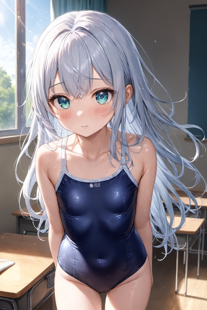 プール前の教室で、ネイビーのスクール水着に着替え終わり、恥じらうように見上げる銀髪の「さみさん」。窓からの光が差し込むノスタルジックなAIイラスト。