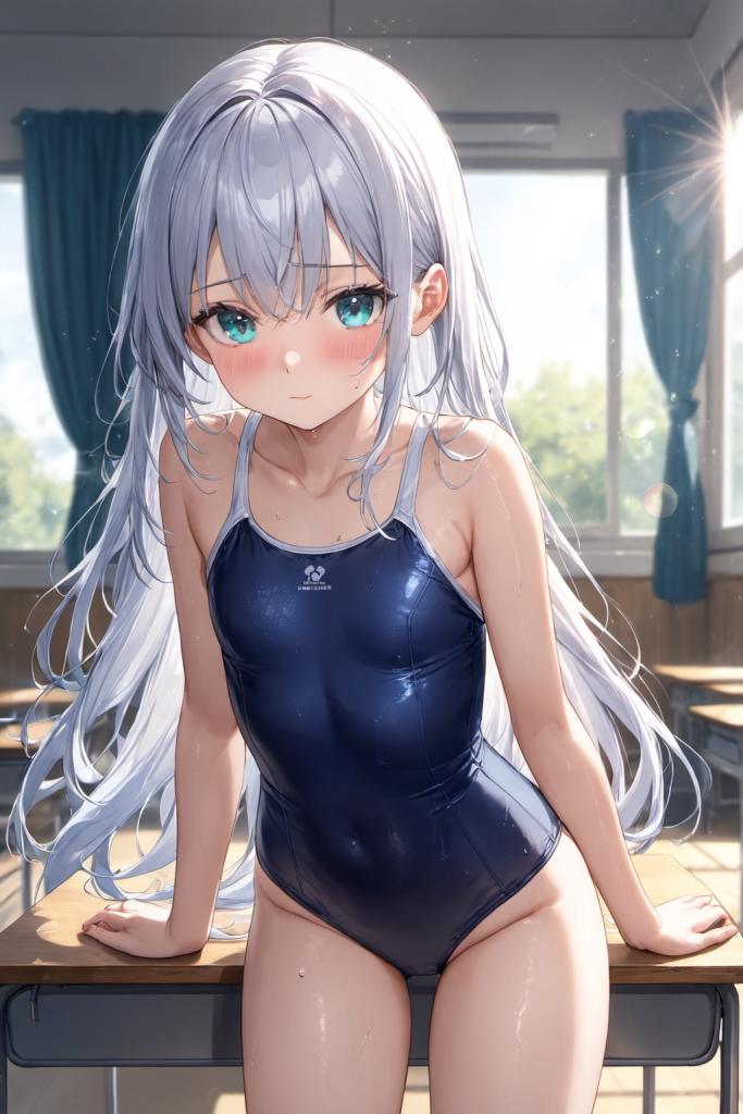 プール前の教室で、ネイビーのスクール水着に着替え終わり、恥じらうように見上げる銀髪の「さみさん」。窓からの光が差し込むノスタルジックなAIイラスト。