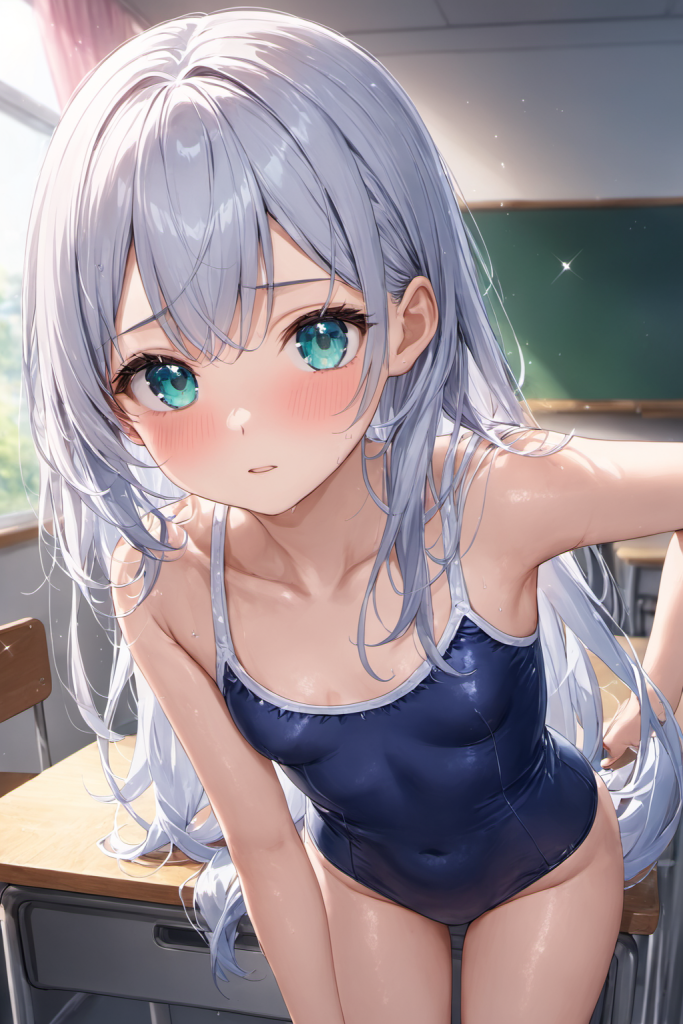 プール前の教室で、ネイビーのスクール水着に着替え終わり、恥じらうように見上げる銀髪の「さみさん」。窓からの光が差し込むノスタルジックなAIイラスト。
