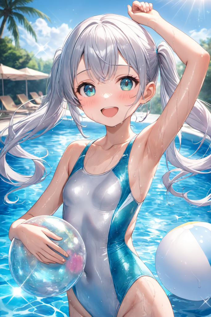 晴天のプールサイドで、ビーチボールを抱えて満面の笑みを浮かべる、ツインテール銀髪の「さみさん」。光沢のあるブルーの競泳水着を着用したアクティブなAIイラスト。