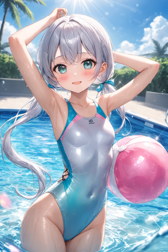 晴天のプールサイドで、ビーチボールを抱えて満面の笑みを浮かべる、ツインテール銀髪の「さみさん」。光沢のあるブルーの競泳水着を着用したアクティブなAIイラスト。