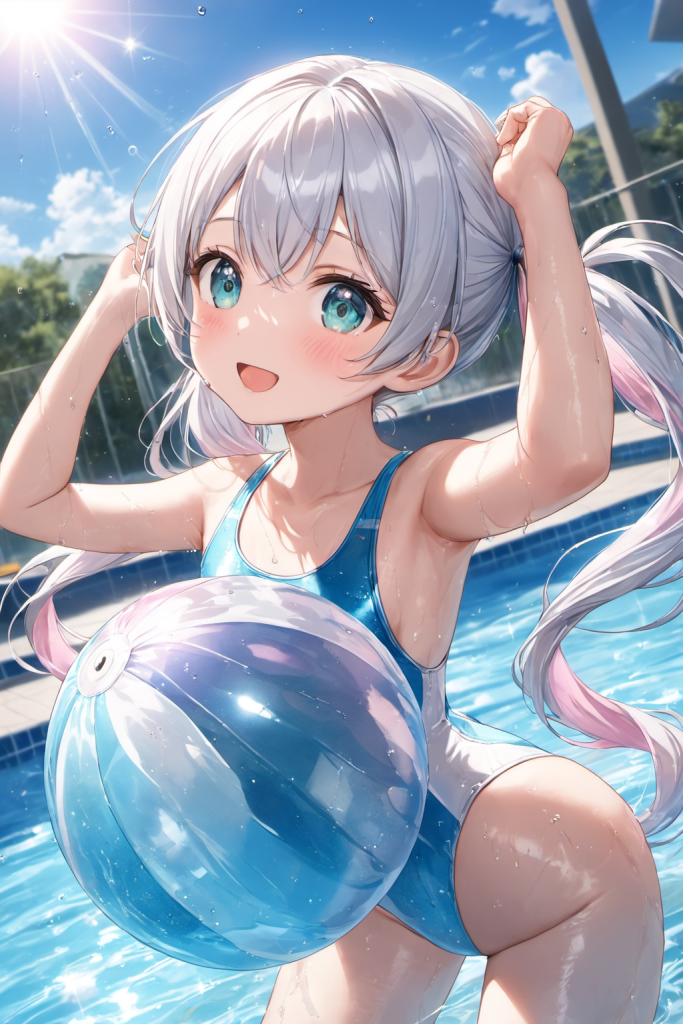 晴天のプールサイドで、ビーチボールを抱えて満面の笑みを浮かべる、ツインテール銀髪の「さみさん」。光沢のあるブルーの競泳水着を着用したアクティブなAIイラスト。
