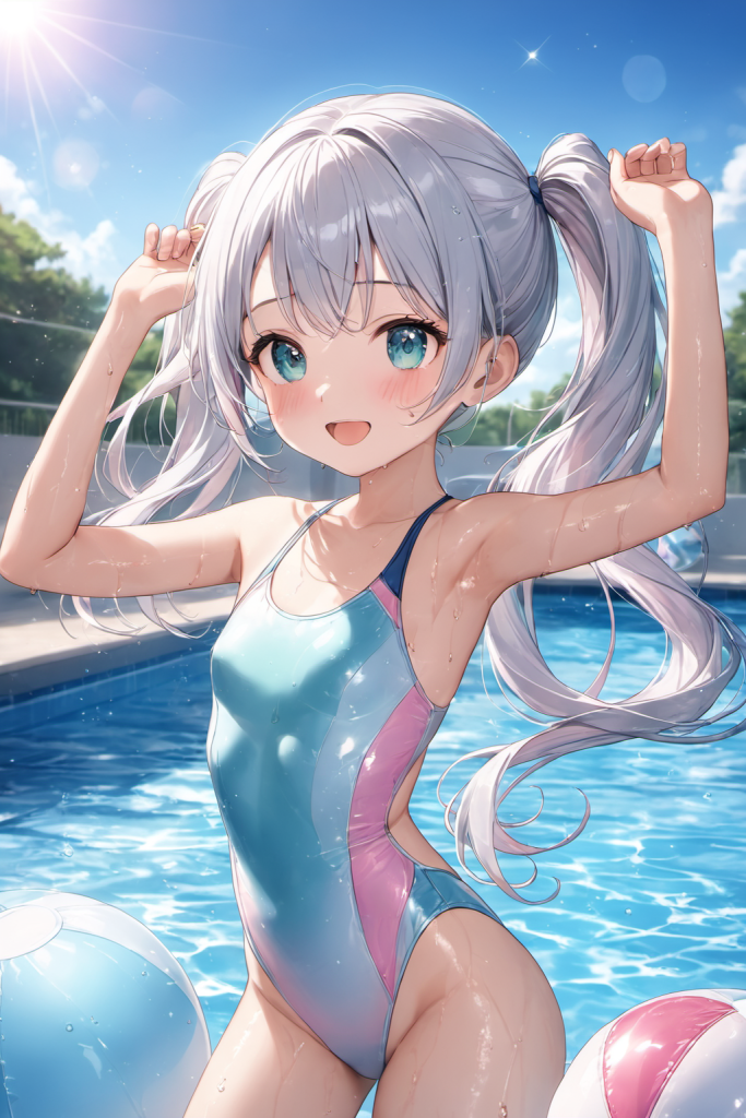 晴天のプールサイドで、ビーチボールを抱えて満面の笑みを浮かべる、ツインテール銀髪の「さみさん」。光沢のあるブルーの競泳水着を着用したアクティブなAIイラスト。