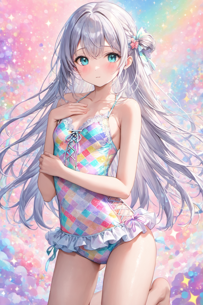 幻想的な光の背景で、虹色のパッチワーク風柄とフロントの編み上げが特徴的なワンピース水着を着用し、恥じらうように微笑む銀髪の「さみさん」。