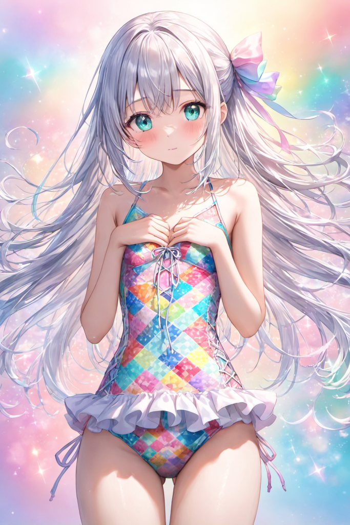 幻想的な光の背景で、虹色のパッチワーク風柄とフロントの編み上げが特徴的なワンピース水着を着用し、恥じらうように微笑む銀髪の「さみさん」。